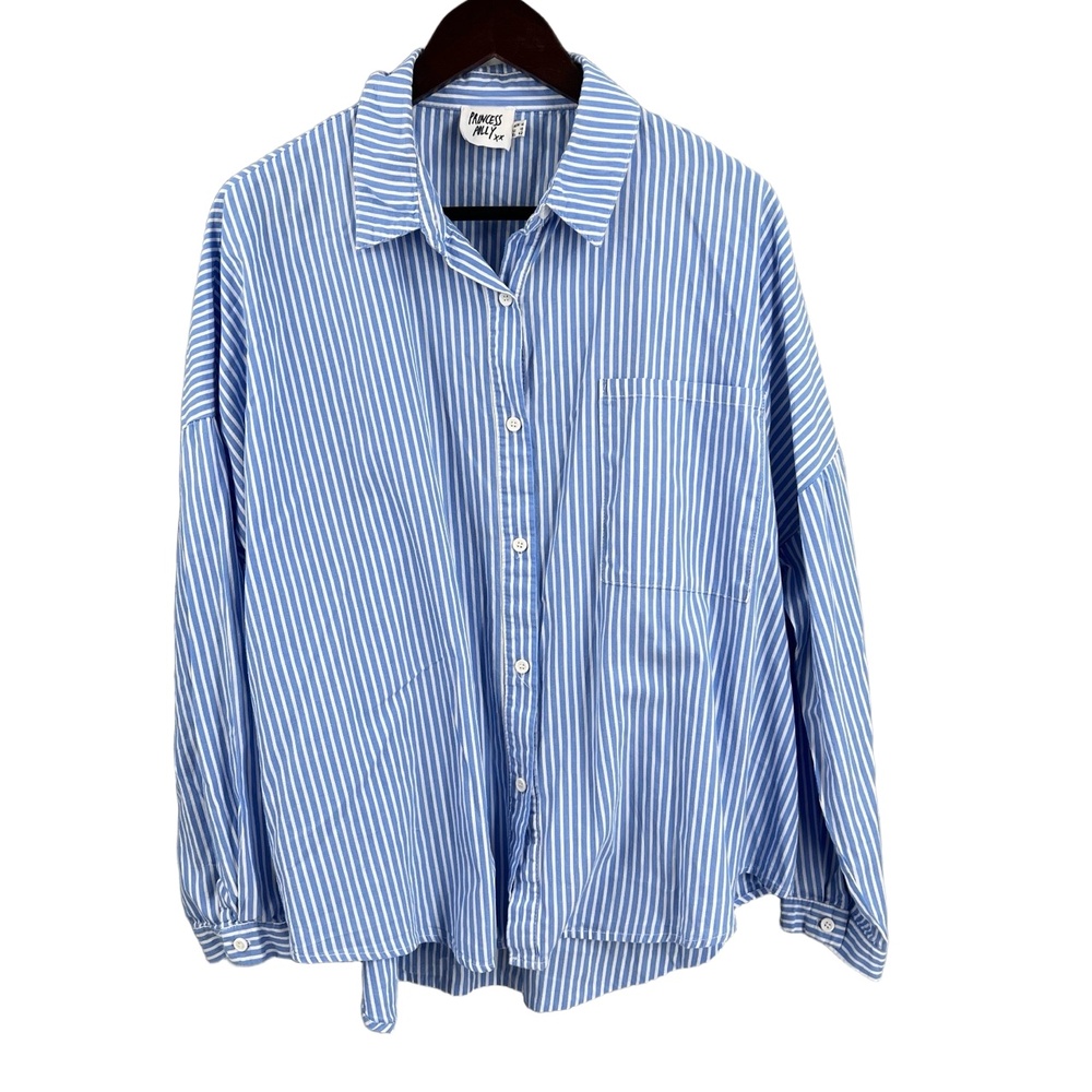 PRINCESS POLLY Button Up Shirt Oversized Blue White Striped Long Sleeve US 10